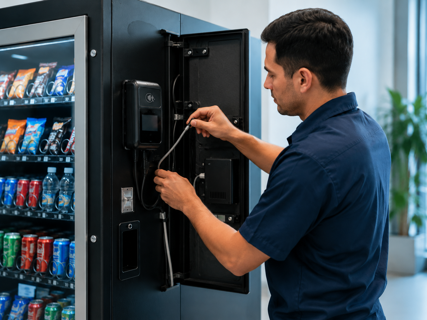 Technician connecting the power supply and network cables to a Gest Technology payment terminal