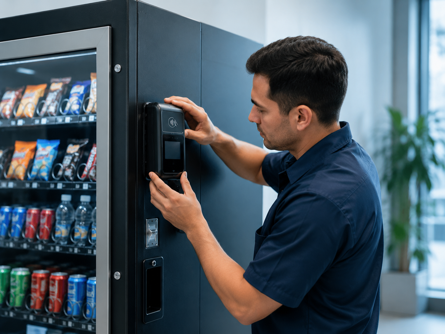 Technician installing a Gest Technology cashless payment device on a vending machine