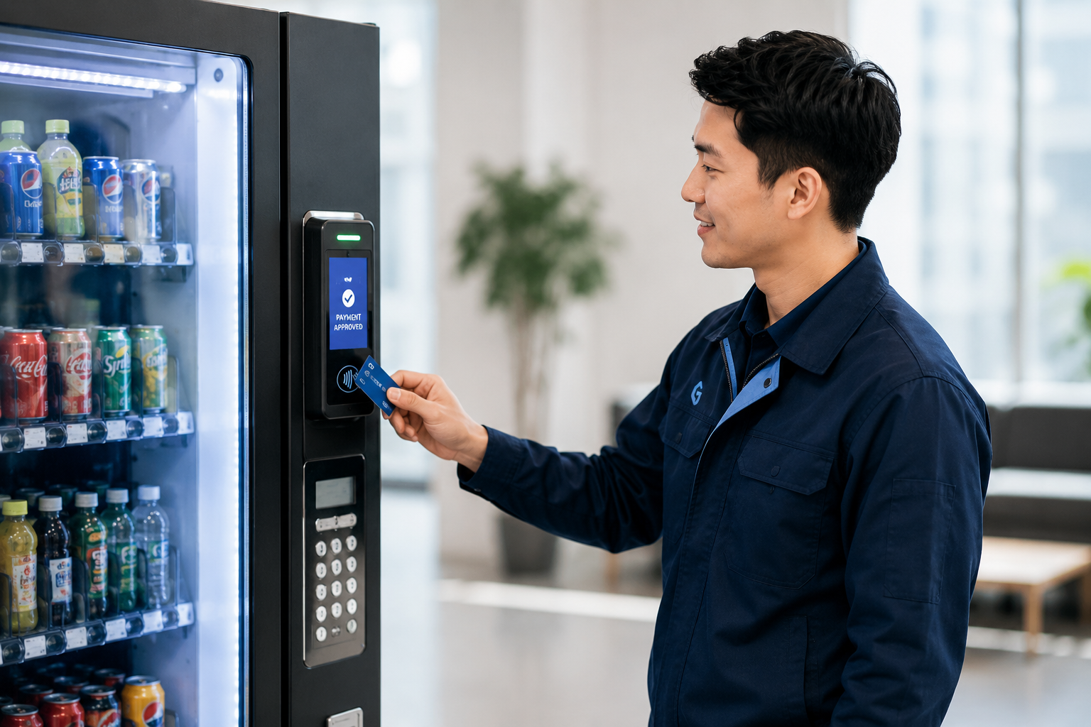 Customer tapping a card to make a cashless payment on a Gest Technology vending machine device