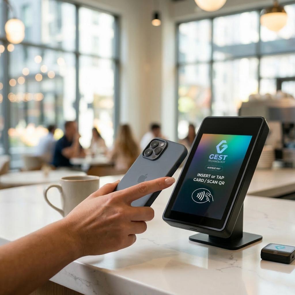 Customer paying by QR code on a cashless payment terminal