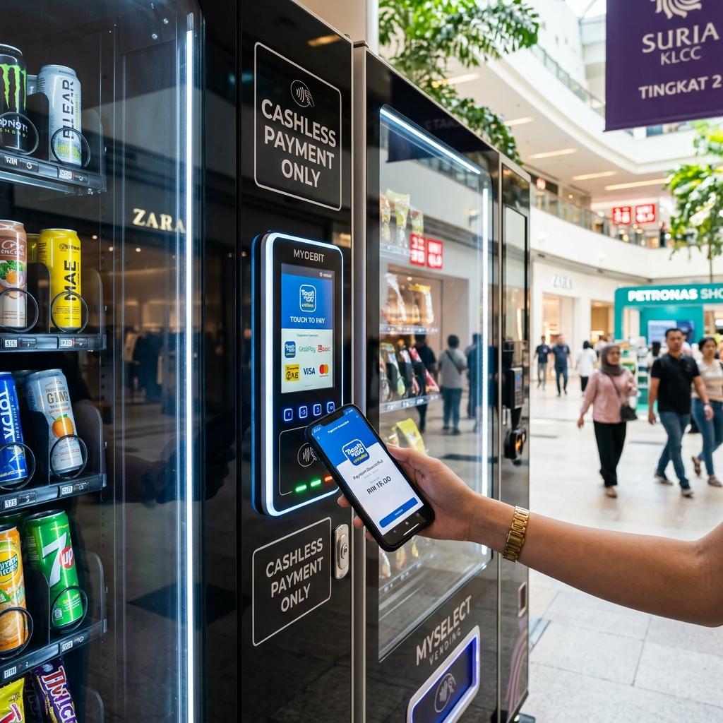 Customer making a cashless e-wallet payment at a smart self-service machine