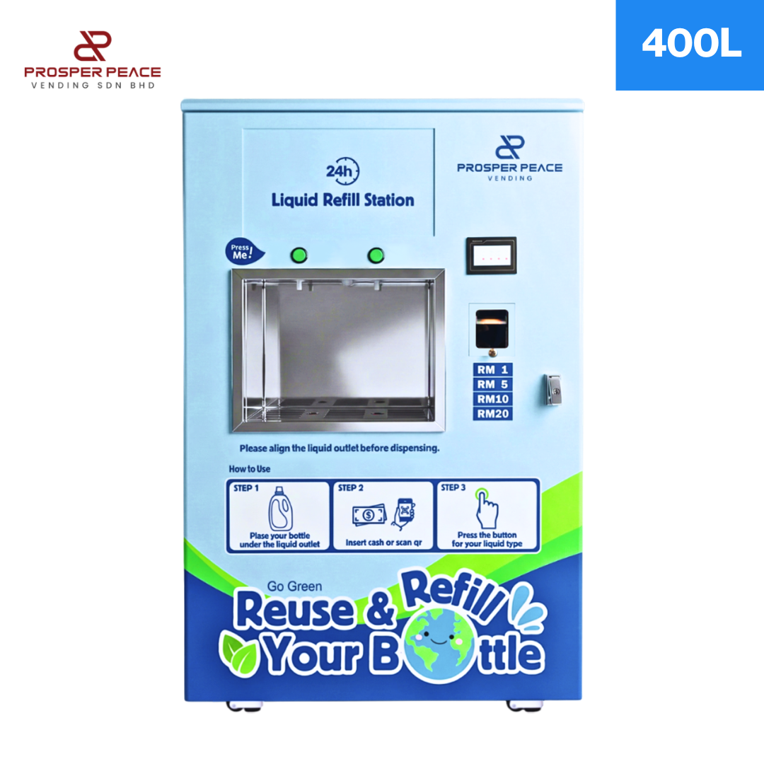Two-nozzle 400L liquid detergent refill vending machine in Gest Technology Vending Malaysia